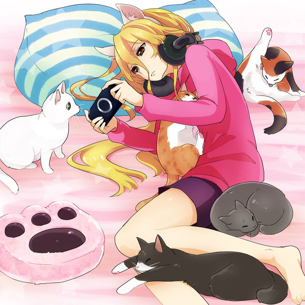 1girl animal_ears bed black_cat black_shorts blonde_hair brown_eyes calico casual cat cat_ears cat_paw closed_mouth fake_animal_ears girls_und_panzer grey_cat hair_between_eyes handheld_game_console headphones headphones_around_neck hood hoodie kosame_koori long_hair long_sleeves lying nekonyaa on_side paw_print playstation_vita purple_shirt shirt shorts solo striped_pillow white_cat