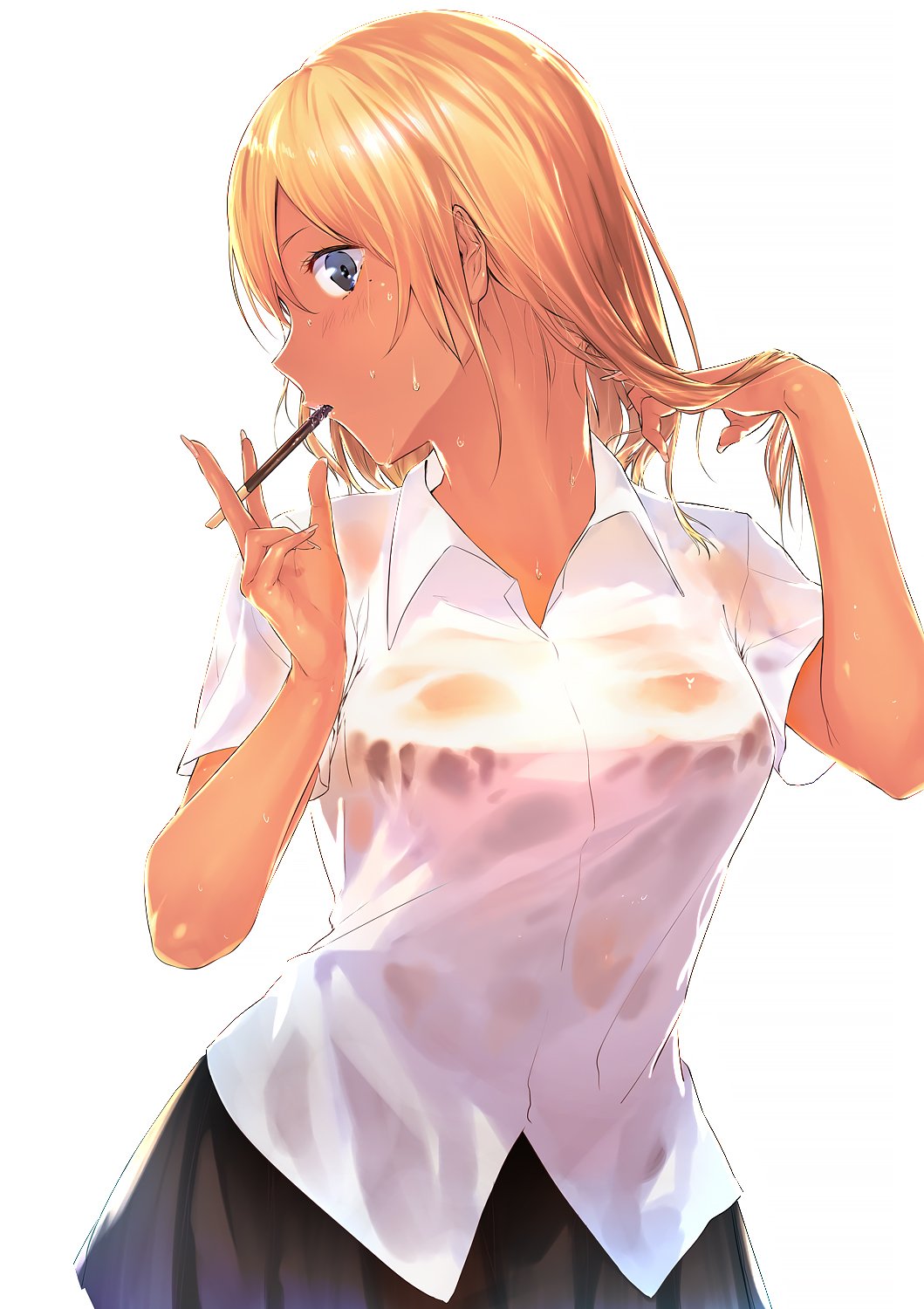 1girl black_skirt blonde_hair blush closed_mouth cowboy_shot dress_shirt eating food_in_mouth grey_background gyaru hair_between_eyes hand_in_hair hands_up highres mole mole_under_eye original pleated_skirt profile ryokucha_(i_cobalt) school_uniform see-through shirt short_sleeves simple_background skirt solo tan wet wet_clothes white_shirt