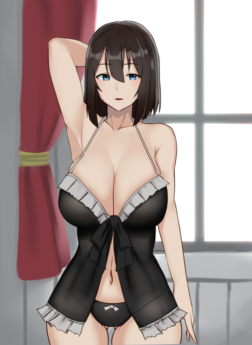 1girl arm_behind_head arm_up armpits babydoll bare_arms bare_shoulders black_hair black_panties blue_eyes blush breasts cleavage collarbone cowboy_shot curtains day gluteal_fold hair_between_eyes highres large_breasts lingerie looking_at_viewer navel original panties parted_lips solo stomach taka_(vert_320) underwear