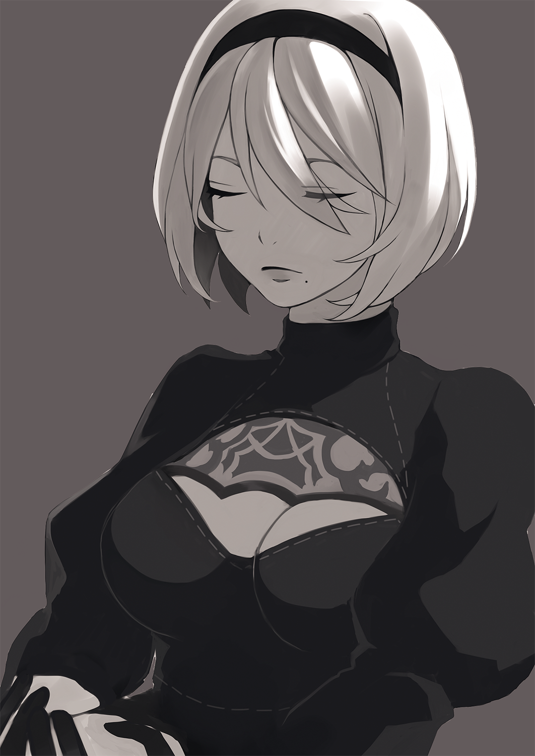 1girl black_dress black_hairband breasts closed_eyes closed_mouth dark_background dress grey_background hairband highres juliet_sleeves long_sleeves mole mole_under_mouth nier_(series) nier_automata puffy_sleeves ribbed_dress saibe short_hair solo turtleneck upper_body white_hair yorha_no._2_type_b