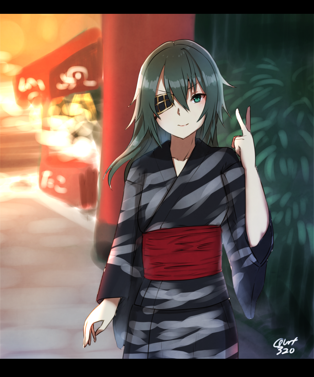 &gt;:) 1girl alternate_costume blurry blush closed_mouth cowboy_shot depth_of_field eyepatch green_eyes green_hair hair_between_eyes highres japanese_clothes kantai_collection kimono kiso_(kantai_collection) long_hair long_sleeves looking_at_viewer obi one_eye_covered remodel_(kantai_collection) sash smile solo taka_(vert_320) wide_sleeves