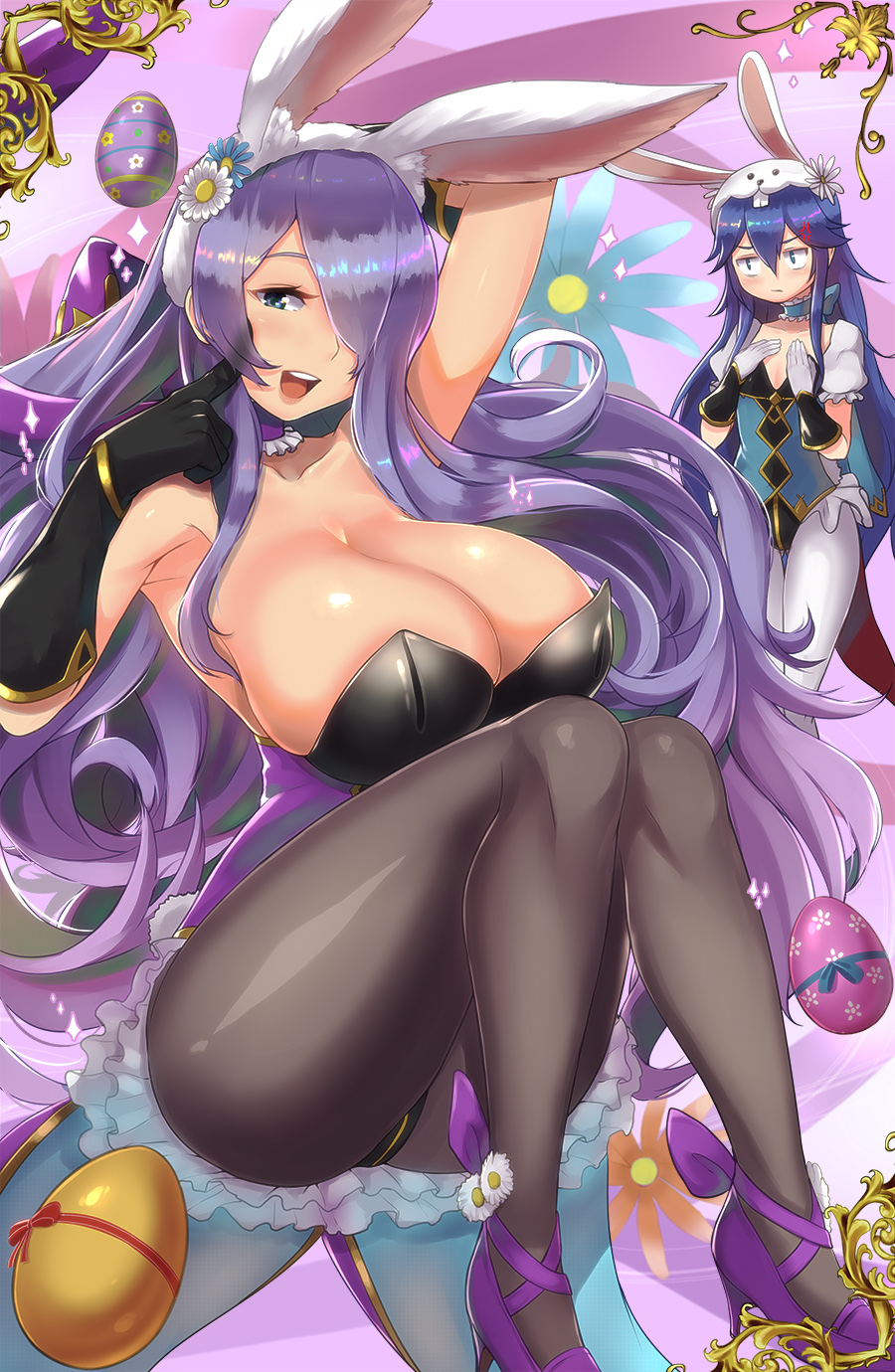 2girls :d anger_vein angry animal_ears armpits bare_shoulders black_gloves black_legwear blue_eyes blush breast_envy breasts bunny_girl bunny_tail bunnysuit camilla_(fire_emblem_if) cleavage curvy detached_collar easter easter_egg egg fake_animal_ears fire_emblem fire_emblem:_kakusei fire_emblem_heroes fire_emblem_if flat_chest gloves hands_on_own_chest high_heels highres huge_breasts legs lips long_hair looking_at_viewer lucina magister_(medical_whiskey) multiple_girls open_mouth pantyhose purple_hair rabbit_ears sitting smile standing tail teeth thighs very_long_hair
