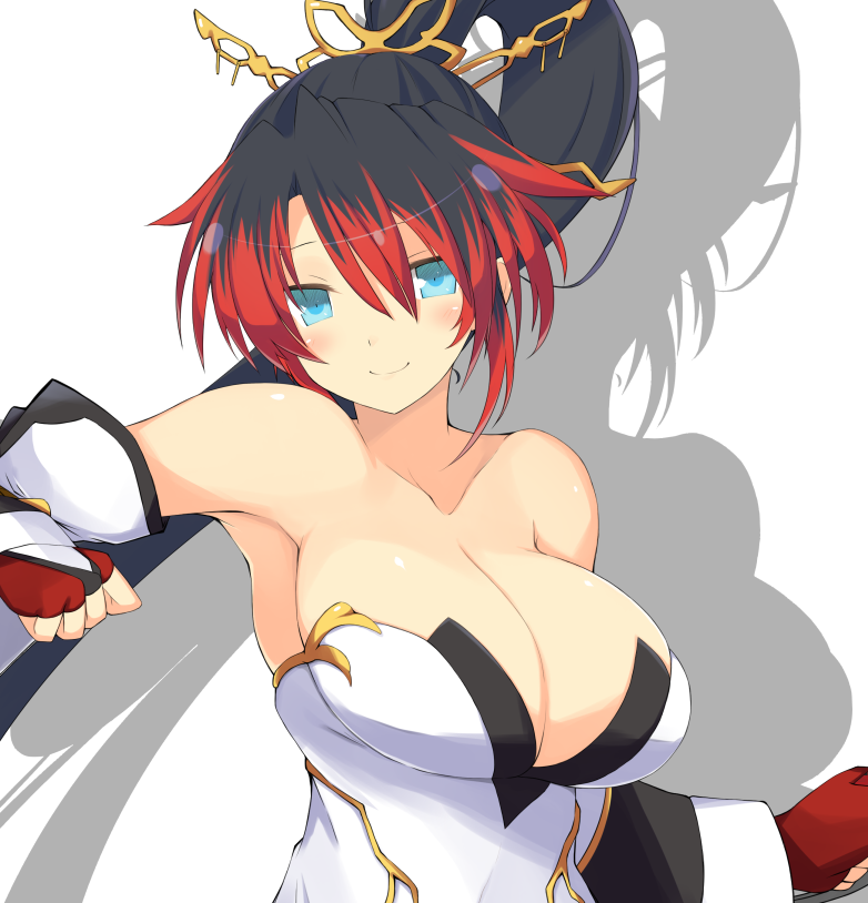 1girl armpits bare_shoulders black_detached_sleeves black_hair blue_eyes blush breasts bridal_gauntlets cleavage closed_mouth detached_sleeves female fingerless_gloves gloves hair_between_eyes hair_ornament highres japanese_clothes kyuchan large_breasts long_hair looking_at_viewer multicolored multicolored_hair nanbu_kaguya ponytail red_gloves redhead shadow smile solo strapless super_robot_wars super_robot_wars_og_saga_mugen_no_frontier two-tone_hair upper_body white_detached_sleeves