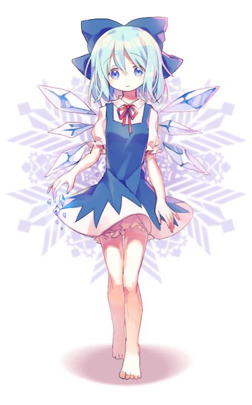 1girl bare_legs barefoot black_dress bloomers blue_bow blue_dress blue_eyes blue_hair bow cirno dress frills full_body hair_between_eyes hair_bow ice ice_wings looking_at_viewer mimureem puffy_short_sleeves puffy_sleeves red_ribbon ribbon shirt short_dress short_hair short_sleeves sleeveless sleeveless_dress snowflake_background solo tareme touhou underwear white_shirt wing_collar wings