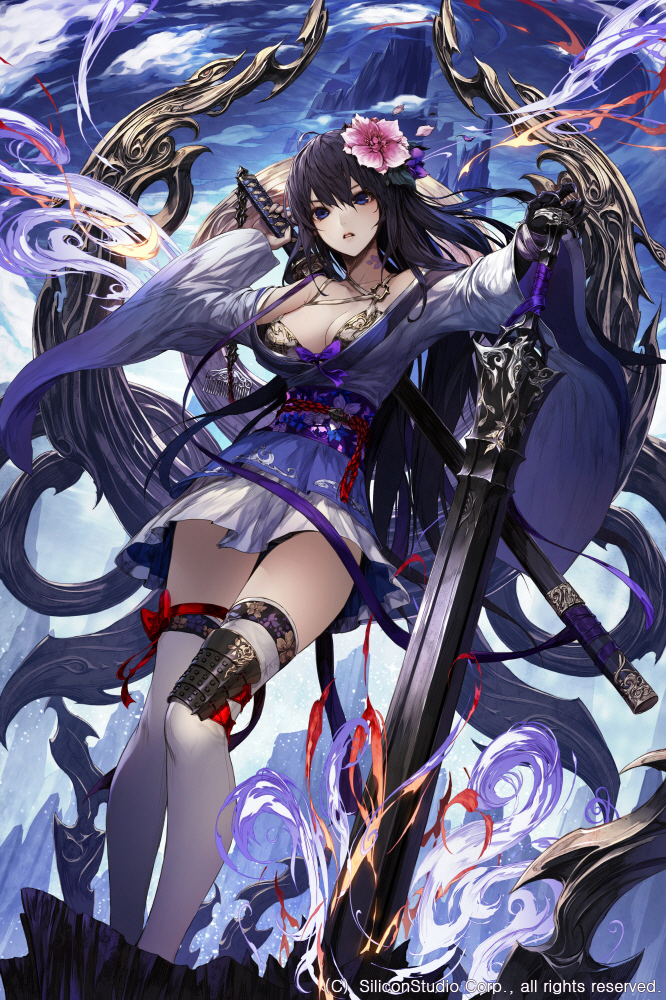 1girl age_of_ishtaria bangs black_hair blue_eyes breasts cleavage clouds cloudy_sky collarbone dress fire flame flower full_body hair_between_eyes hair_flower hair_ornament hand_on_hilt hand_up holding holding_sword holding_weapon huge_weapon japanese_clothes katana kimono knee_pads leg_ribbon legs_together lips long_hair long_sleeves looking_at_viewer medium_breasts mountain obi off_shoulder parted_lips pink_lips planted_sword planted_weapon red_ribbon ribbon rope sash scabbard sheath sheathed short_dress short_kimono sky solo standing sword tassel thigh-highs thigh_gap thigh_strap very_long_hair wanke weapon white_legwear wide_sleeves