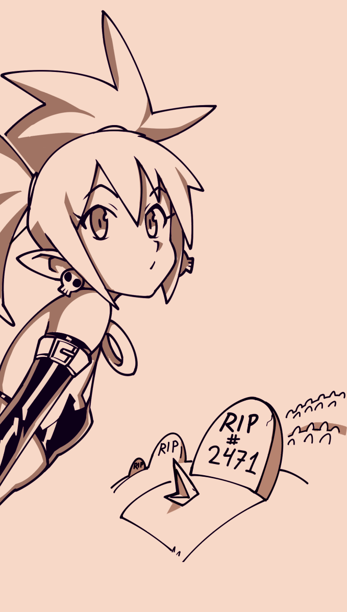 1girl demon_girl disgaea earrings elbow_gloves english etna gloves graveyard jewelry looking_at_viewer makai_senki_disgaea microskirt monochrome pointy_ears prinny skirt skull_earrings solo thigh-highs tombstone twintails typo_(requiemdusk)