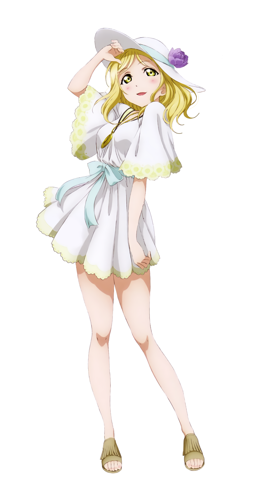 1girl arm_up blonde_hair blue_bow bow dress feet full_body hat highres jewelry long_hair love_live! love_live!_sunshine!! necklace ohara_mari purple_flower short_dress short_sleeves smile solo standing sun_hat sundress toes transparent_background white_dress white_hat yellow_eyes