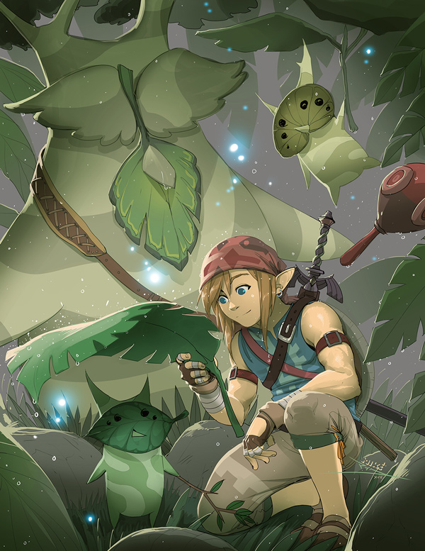 1boy alternate_costume bandanna blonde_hair blue_eyes character_request commentary earrings fingerless_gloves forest gloves jewelry korok link mike_nesbitt nature one_knee over_shoulder pointy_ears rain shield shirtless sword sword_over_shoulder the_legend_of_zelda the_legend_of_zelda:_breath_of_the_wild weapon weapon_over_shoulder