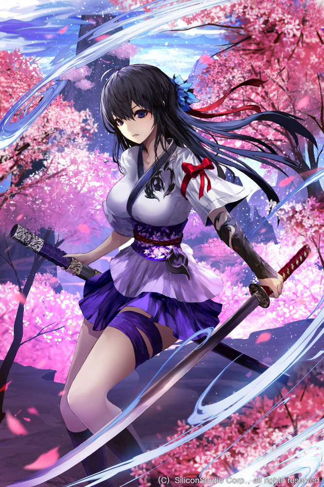 1girl age_of_ishtaria arm_ribbon bangs black_hair black_legwear blue_eyes blue_sky bow breasts cherry_blossoms closed_mouth clouds cloudy_sky collarbone cowboy_shot day flower hair_between_eyes hair_flower hair_ornament hair_ribbon holding holding_sword holding_weapon japanese_clothes katana kimono kneehighs legs_together long_hair looking_at_viewer medium_breasts mountain obi outdoors petals purple_ribbon red_bow red_ribbon ribbon rope sash scabbard sheath short_hair short_kimono sky solo standing standing_on_one_leg sword thigh_ribbon thigh_strap unsheathed vambraces wanke weapon