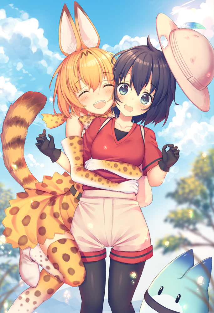 2girls 3: :d ^_^ ahoge animal_ears animal_print bangs black_gloves black_hair black_legwear blonde_hair blue_eyes blue_sky blurry blush bow bowtie bucket_hat closed_eyes clouds cloudy_sky collarbone day depth_of_field elbow_gloves eyebrows_visible_through_hair gloves gradient grass hair_between_eyes hat hat_feather hug hug_from_behind kaban kawami_nami kemono_friends looking_at_another lucky_beast_(kemono_friends) multiple_girls open_mouth outdoors pantyhose pantyhose_under_shorts red_shirt serval_(kemono_friends) serval_ears serval_print serval_tail shirt shoes short_hair short_sleeves shorts sky smile striped_tail tail teeth thigh-highs tree wavy_mouth wind