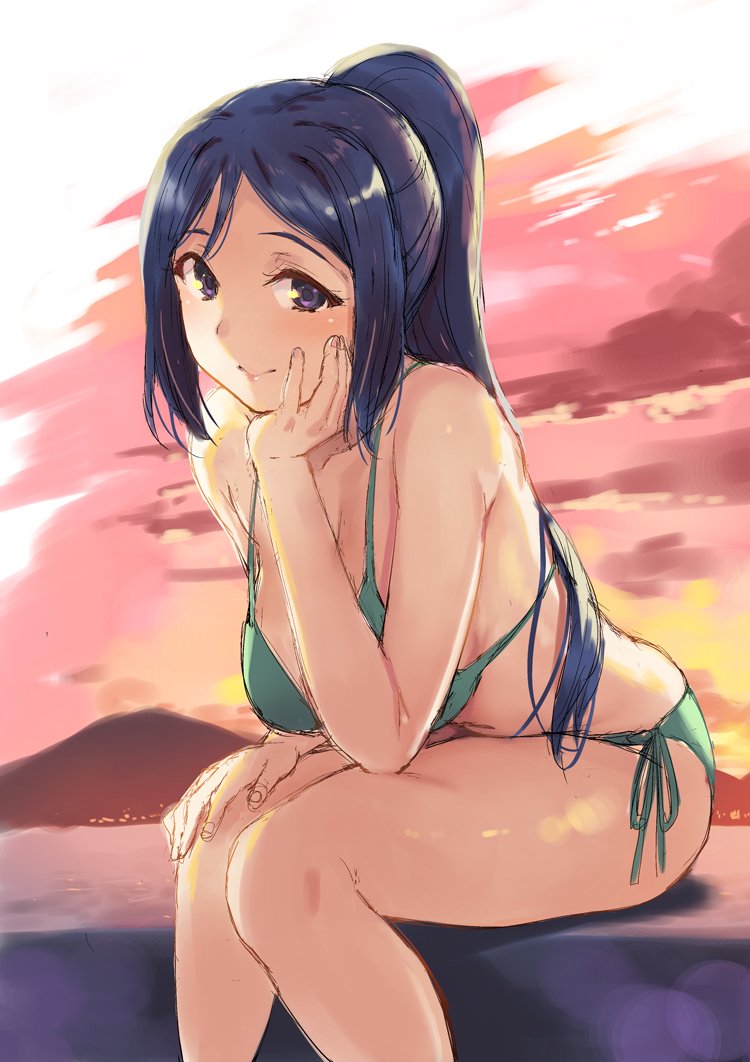 1girl bikini blue_hair chin_rest commentary_request dusk green_bikini hand_on_own_knee kichiroku leaning_forward long_hair long_ponytail looking_at_viewer love_live! love_live!_sunshine!! matsuura_kanan ponytail side-tie_bikini sidelocks sitting smile solo swimsuit violet_eyes