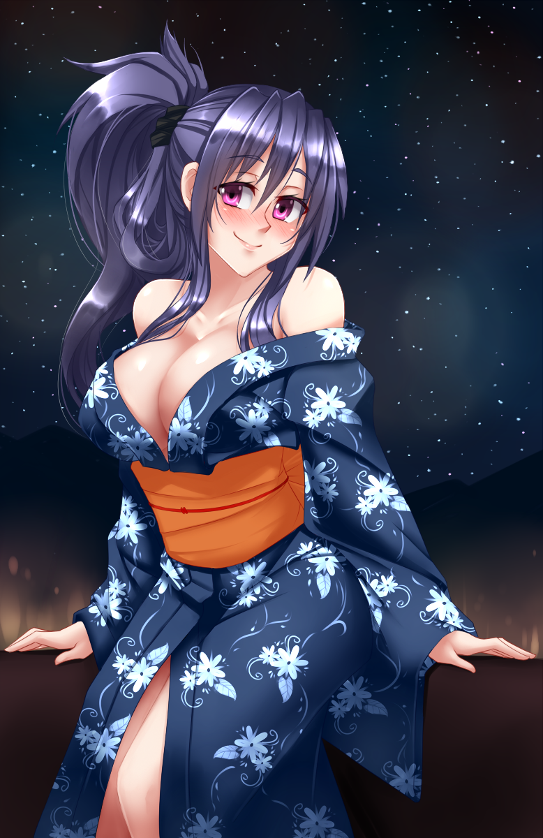 1girl alternate_hairstyle arm_support bare_shoulders blue_hair blush breasts cleavage folded_ponytail high_school_dxd highres himejima_akeno japanese_clothes kimono large_breasts lips long_hair looking_at_viewer new_year night night_sky no_bra nose_blush outdoors sitting sky smile solo star_(sky) starry_sky twrlare violet_eyes