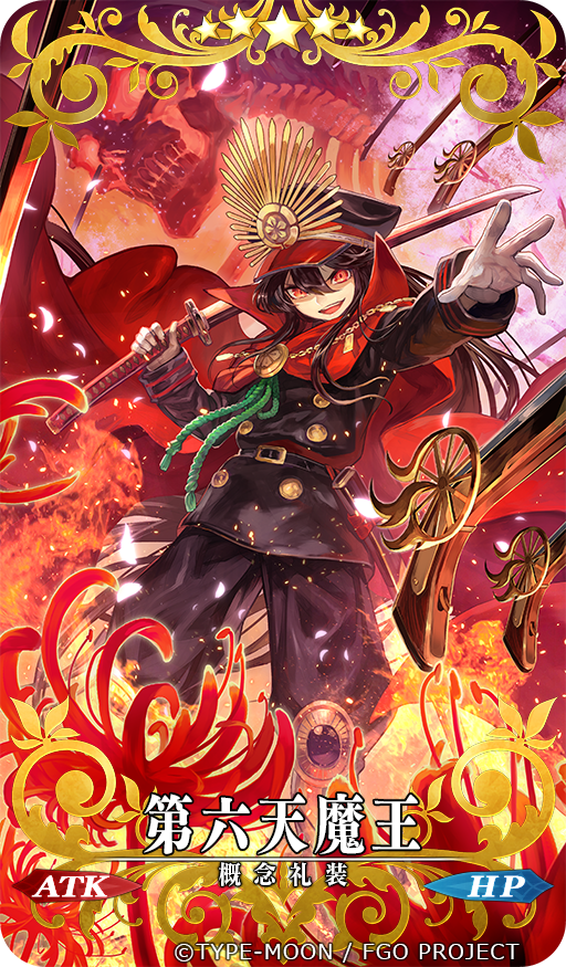 &gt;:d 1girl :d antique_firearm black_hair buttons cape demon_archer fate/grand_order fate_(series) fire firearm firelock flintlock flower gloves gun hat holding holding_sword holding_weapon katana lack long_hair looking_at_viewer military military_uniform musket open_mouth red_eyes skull smile solo spider_lily standing sword uniform weapon