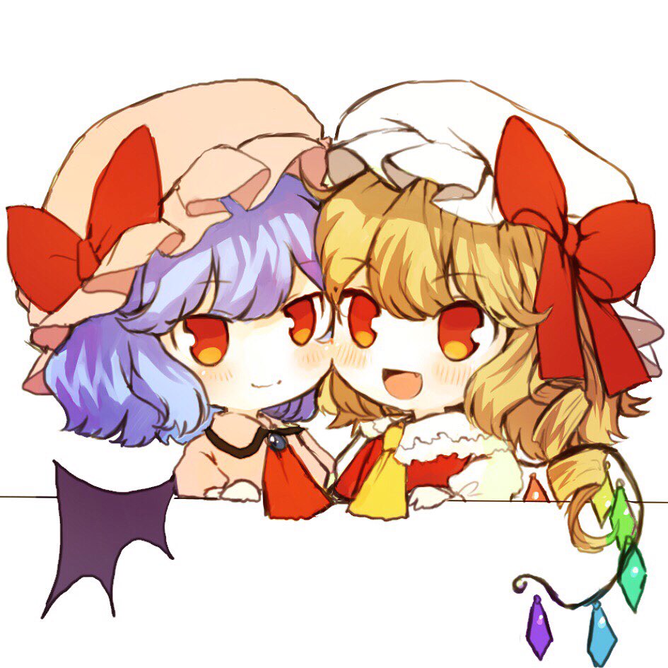 2girls :d ascot bat_wings blonde_hair blue_hair blush bow cheek-to-cheek collared_shirt eyebrows_visible_through_hair fang flandre_scarlet hat hat_bow looking_at_viewer multiple_girls open_mouth pink_shirt puffy_sleeves red_ascot red_bow red_eyes red_vest remilia_scarlet shirt short_hair shoudoku_taishi_(taishi) siblings side_ponytail sisters smile touhou tsurime vest white_background white_shirt wings yellow_ascot