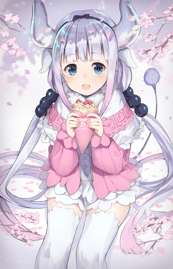 1girl bangs blue_eyes blunt_bangs branch cherry_blossoms crepe dragon dragon_girl dragon_horns dress food hair_ornament horns kanna_kamui kobayashi-san_chi_no_maidragon lavender_hair layered_dress long_hair looking_at_viewer open_mouth pink_dress sitting tail thigh-highs twintails very_long_hair weee_(raemz) western_dragon white_legwear