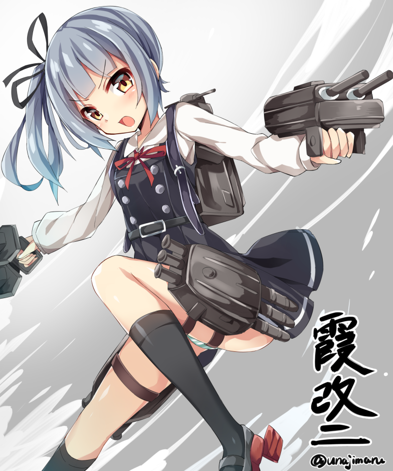 1girl belt brown_eyes dress kantai_collection kasumi_(kantai_collection) long_hair long_sleeves machinery open_mouth panties pinafore_dress remodel_(kantai_collection) revision school_uniform shirt side_ponytail silver_hair skirt sleeveless sleeveless_dress solo striped striped_panties turret unacchi_(nyusankin) underwear white_shirt