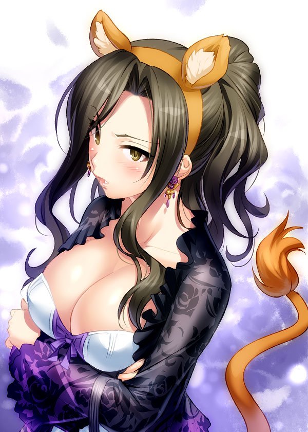 1girl animal_ears black_hair black_shirt blush breast_hold breasts brown_eyes cleavage collarbone commentary_request crossed_arms earrings floral_print idolmaster idolmaster_cinderella_girls jewelry large_breasts lion_ears lion_tail long_hair long_sleeves looking_at_viewer looking_to_the_side mukai_takumi parted_lips ponytail shirt tail zen
