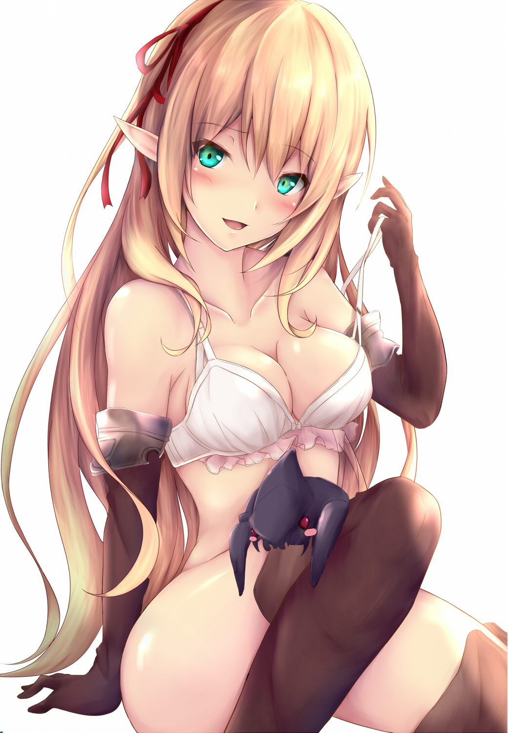 1girl arisa_(shadowverse) arm_support asuta_(ayustat0423) blonde_hair blush blush_stickers boots bra breasts cleavage collarbone elbow_gloves gloves green_eyes highres medium_breasts pointy_ears shadowverse smile solo strap_lift thigh-highs thigh_boots thighs underwear white_bra