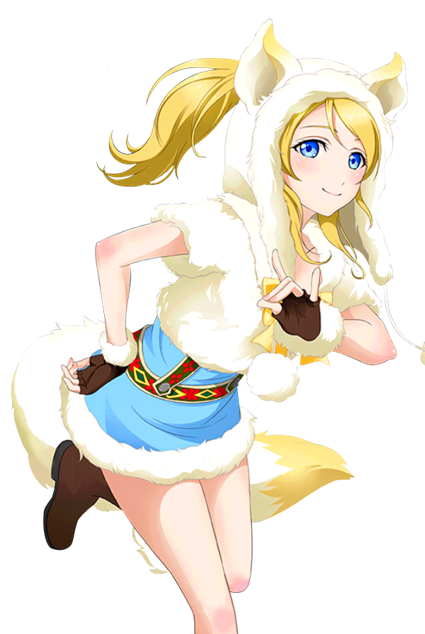 1girl animal_ears animal_hood ayase_eli blonde_hair blue_dress blue_eyes boots brown_boots brown_gloves dress fake_animal_ears fingerless_gloves fox_ears fox_tail gloves hand_on_hip hood leaning_forward long_hair looking_at_viewer love_live! love_live!_school_idol_project one_leg_raised ponytail shiny shiny_skin short_dress smile solo standing tail transparent_background