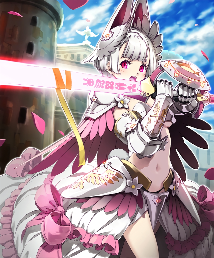 1girl armor armored_dress artist_request bikini_armor castle city gauntlets glowing glowing_sword glowing_weapon helmet luminous_knight navel official_art open_mouth petals pink_eyes revealing_clothes ribbon shadowverse shoulder_armor sword two-handed_sword weapon white_hair