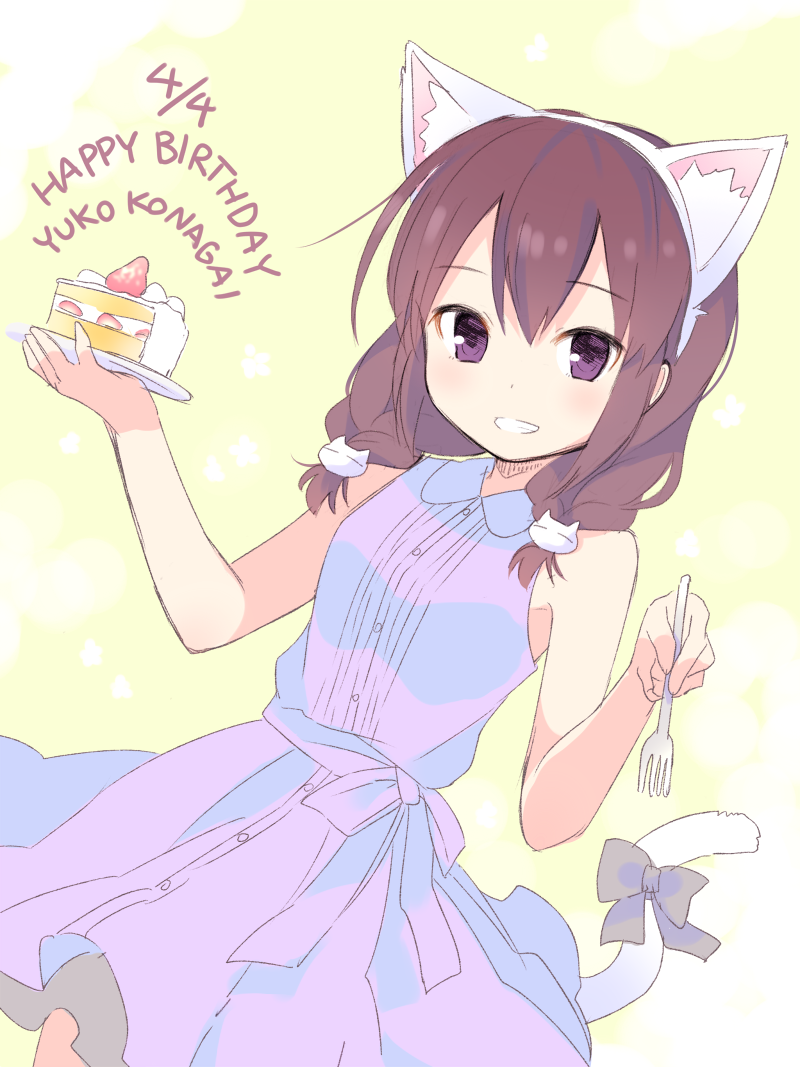 1girl animal_ears blush brown_hair cake cat_ears cat_hair_ornament cat_tail character_name dress english eyebrows_visible_through_hair fake_animal_ears food fork grin hair_between_eyes hair_ornament happy_birthday holding holding_fork konagai_yuuko looking_at_viewer low_twintails number nyanko_days official_art plate ribbon sketch sleeveless sleeveless_dress slice_of_cake smile solo tail tail_ribbon tarabagani twintails violet_eyes yellow_background
