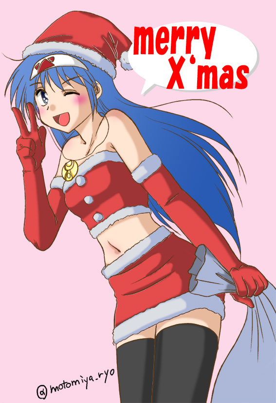 1girl bag blue_eyes blue_hair elbow_gloves gloves hat jewelry leaning_forward long_hair lucia_(lunar) lunar merry_christmas midriff miniskirt motomiya_ryou navel one_eye_closed open_mouth pendant pink_background red_gloves santa_hat skirt smile solo strapless thigh-highs tubetop twitter_username v zettai_ryouiki