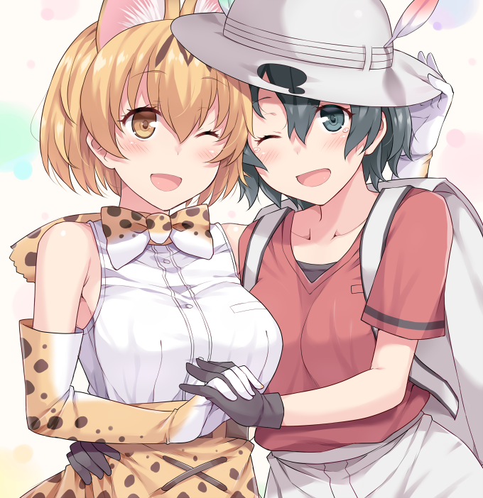 2girls ;d animal_ears backpack bag black_gloves black_hair blonde_hair bow bowtie bucket_hat cheek-to-cheek cross-laced_clothes elbow_gloves gloves hair_between_eyes hand_holding happy_tears hasu_(hk_works) hat hat_feather high-waist_skirt hug kaban kemono_friends looking_at_viewer multiple_girls one_eye_closed open_mouth red_shirt serval_(kemono_friends) serval_ears serval_print serval_tail shirt short_hair shorts skirt sleeveless sleeveless_shirt smile striped_tail tail tears wavy_hair