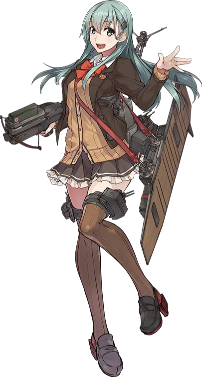 1girl bow_(weapon) cardigan crossbow flight_deck full_body kantai_collection konishi_(koconatu) official_art open_mouth remodel_(kantai_collection) school_uniform suzuya_(kantai_collection) thigh-highs torn_clothes transparent_background weapon