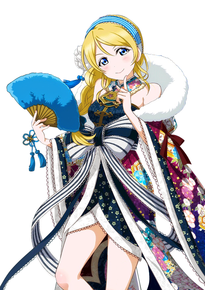 1girl ayase_eli blonde_hair blue_eyes blue_hairband blush braid fan finger_to_mouth flower hair_flower hair_ornament hairband head_tilt holding holding_fan index_finger_raised japanese_clothes long_hair looking_at_viewer love_live! love_live!_school_idol_project smile solo standing striped striped_hairband transparent_background white_flower