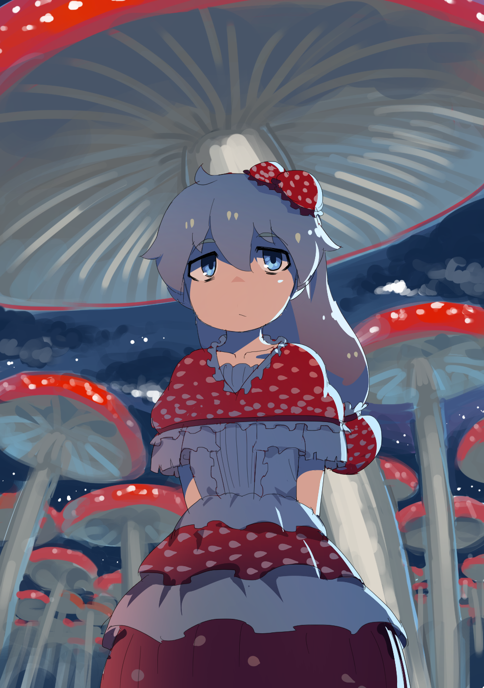 1girl blue_eyes cave commentary dress eyebrows_visible_through_hair food_themed_hair_ornament grey_hair hair_ornament highres long_hair looking_up monosenbei mushroom mushroom_hair_ornament original solo white_dress