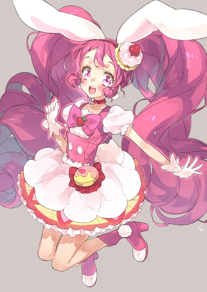 1girl :d animal_ears bow choker cure_whip dress extra_ears food food_themed_hair_ornament fruit gloves hair_ornament high_heels jumping kirakira_precure_a_la_mode long_hair magical_girl open_mouth pink_bow pink_dress pink_eyes pink_hair precure puffy_short_sleeves puffy_sleeves rabbit_ears short_sleeves sidelocks signature smile solo strawberry strawberry_shortcake toujou_sakana twintails usami_ichika very_long_hair white_gloves