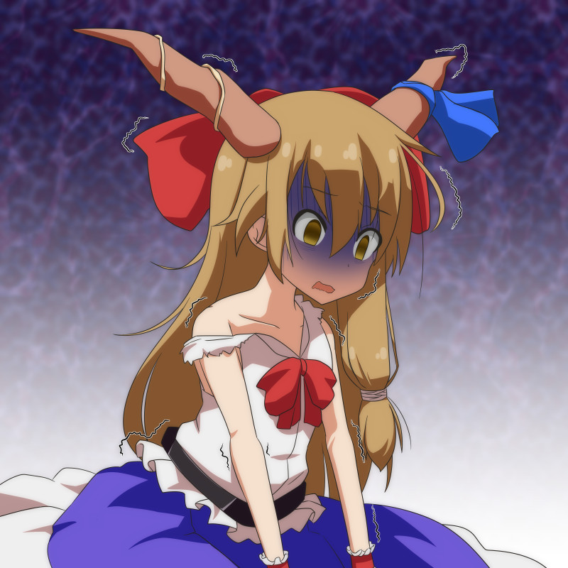 1girl blonde_hair bow cato_(monocatienus) collarbone commentary d: dark_background empty_eyes flat_chest hair_bow hair_ribbon horn_ribbon horns ibuki_suika large_bow long_skirt off_shoulder open_mouth ribbon skirt solo touhou trembling tress_ribbon turn_pale wrist_cuffs yellow_eyes