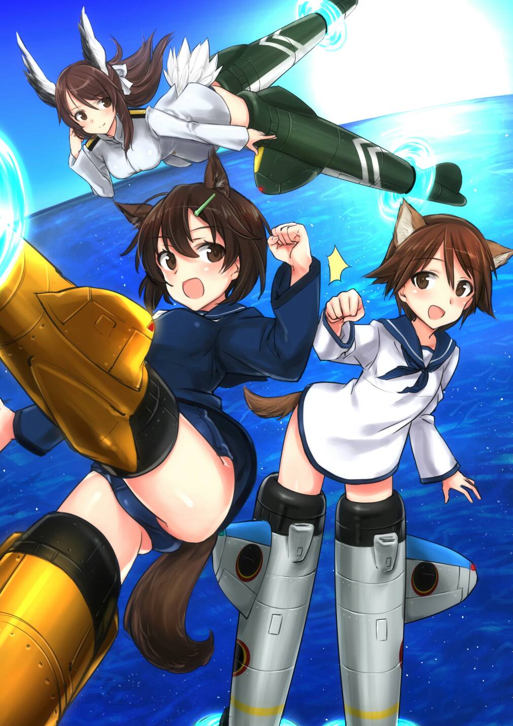 3girls amefre animal_ears blue_neckerchief blue_shirt brave_witches brown_eyes brown_hair closed_mouth commentary_request day dog_ears flying hair_ornament hair_ribbon hairclip highres karibuchi_hikari karibuchi_takami long_hair long_sleeves looking_at_viewer miyafuji_yoshika multiple_girls neckerchief ocean one-piece_swimsuit open_mouth ribbon sailor school_swimsuit school_uniform serafuku shirt short_hair siblings sisters sky smile strike_witches striker_unit swimsuit swimsuit_under_clothes white_ribbon white_shirt world_witches_series