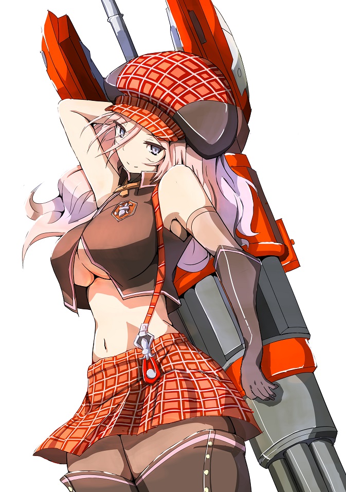 1girl alisa_ilinichina_amiella blue_eyes breasts elbow_gloves gloves god_eater god_eater_burst hat holding holding_weapon large_breasts long_hair midriff navel pantyhose silver_hair skirt sleeveless suspender_skirt suspenders thigh-highs under_boob weapon white_background
