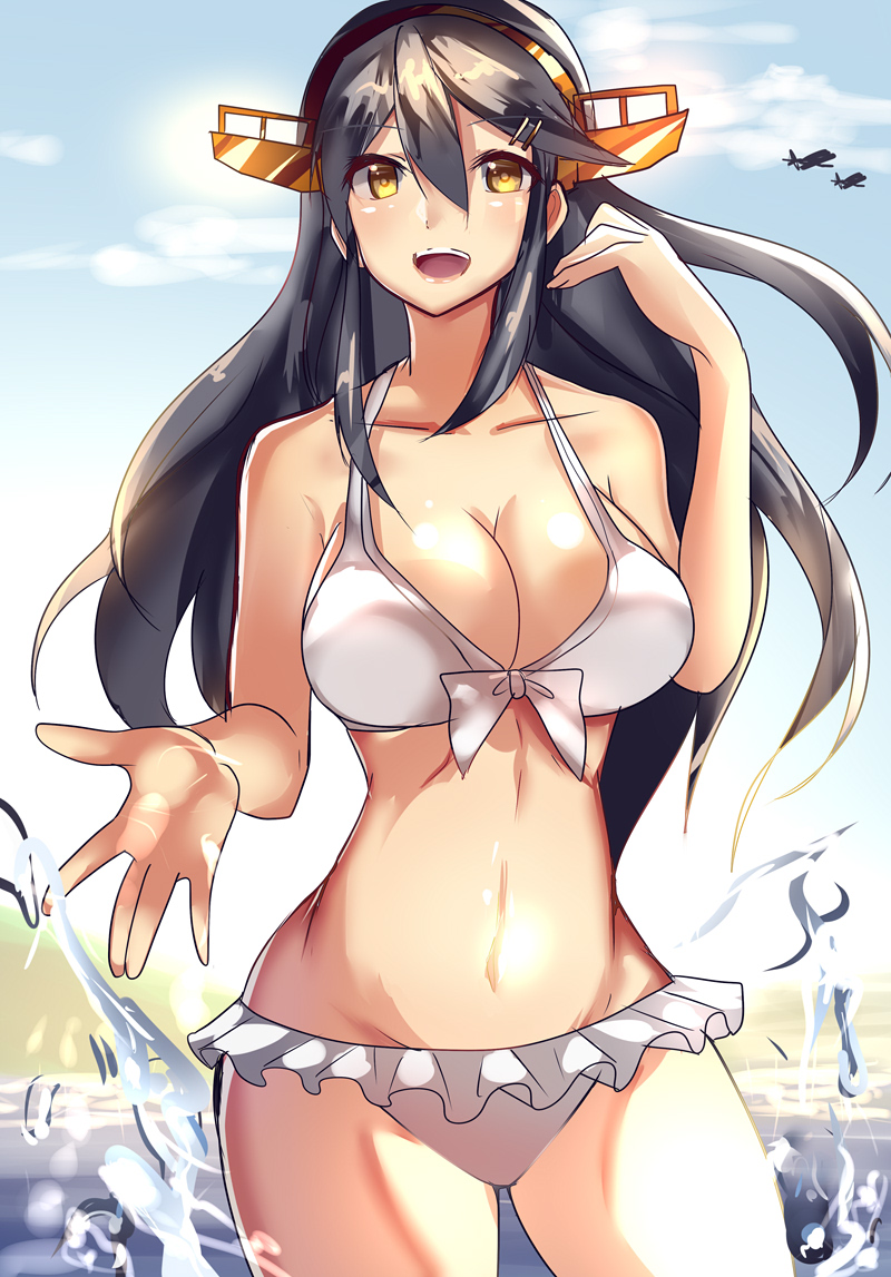 1girl aircraft airplane bikini black_hair breasts hair_ornament hairband hairclip haruna_(kantai_collection) hizagawa_rau kantai_collection large_breasts long_hair open_mouth sketch smile solo splashing swimsuit white_bikini