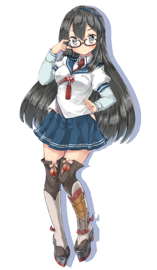 1girl black_hair blue_eyes bow commentary_request glasses hair_between_eyes hair_ribbon hairband hand_on_glasses high_heels hip_vent kantai_collection long_hair long_sleeves onomiya ooyodo_(kantai_collection) platform_footwear platform_heels ribbon school_uniform semi-rimless_glasses serafuku simple_background solo thigh-highs tress_ribbon under-rim_glasses white_background zettai_ryouiki