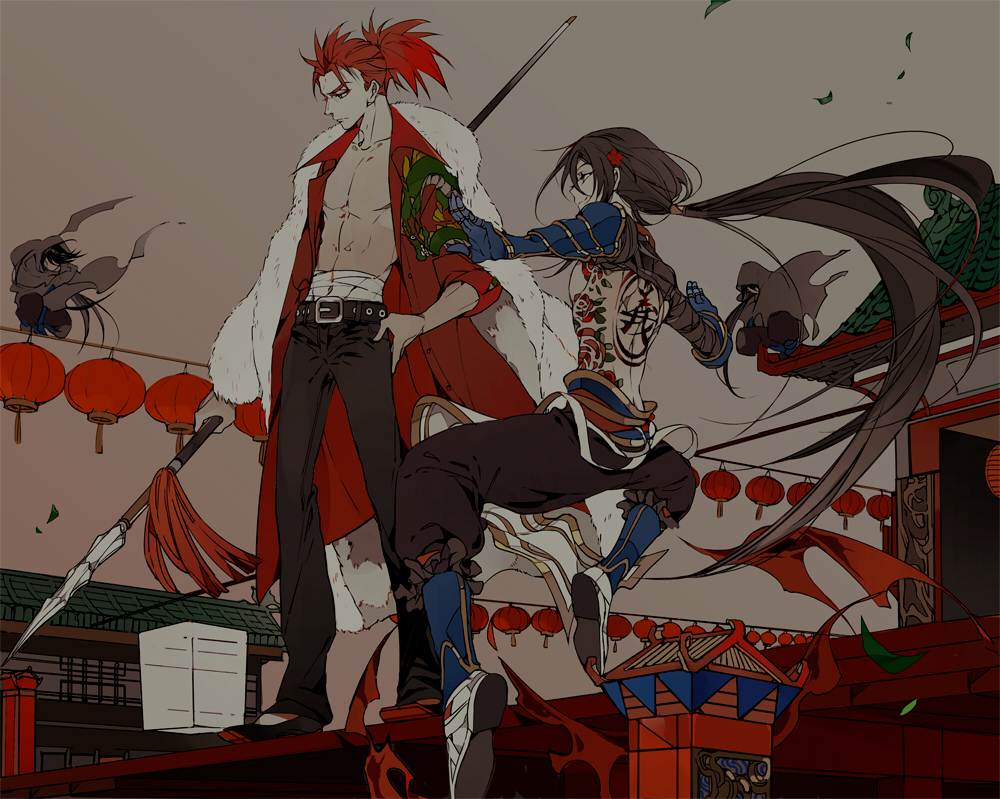 2boys assassin_(fate/extra) bare_chest belt black_hair buckle building chest_tattoo chinese_lantern fate/grand_order fate_(series) flower fur_coat gauntlets hair_flower hair_ornament hand_on_hip holding holding_spear holding_weapon jacket li_shuwen_(fate/grand_order) long_hair looking_away male_focus multiple_boys pauldrons ponytail redhead shirtless smile standing suou tattoo weapon yan_qing_(fate/grand_order)