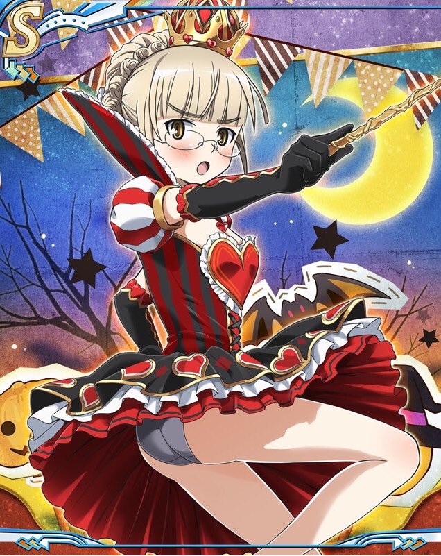1girl alice_in_wonderland alternate_hairstyle amefre ass bangs black_gloves black_panties blonde_hair blush braid card card_parody commentary_request cosplay cowboy_shot crescent_moon crown crown_braid dress elbow_gloves from_side glasses gloves hair_up heart heart_print holding looking_at_viewer mini_crown moon night night_sky open_mouth panties perrine_h_clostermann queen_of_hearts queen_of_hearts_(cosplay) red_dress short_dress short_hair sky smile solo standing standing_on_liquid star strike_witches striped underwear vertical-striped_dress vertical_stripes world_witches_series yellow_eyes