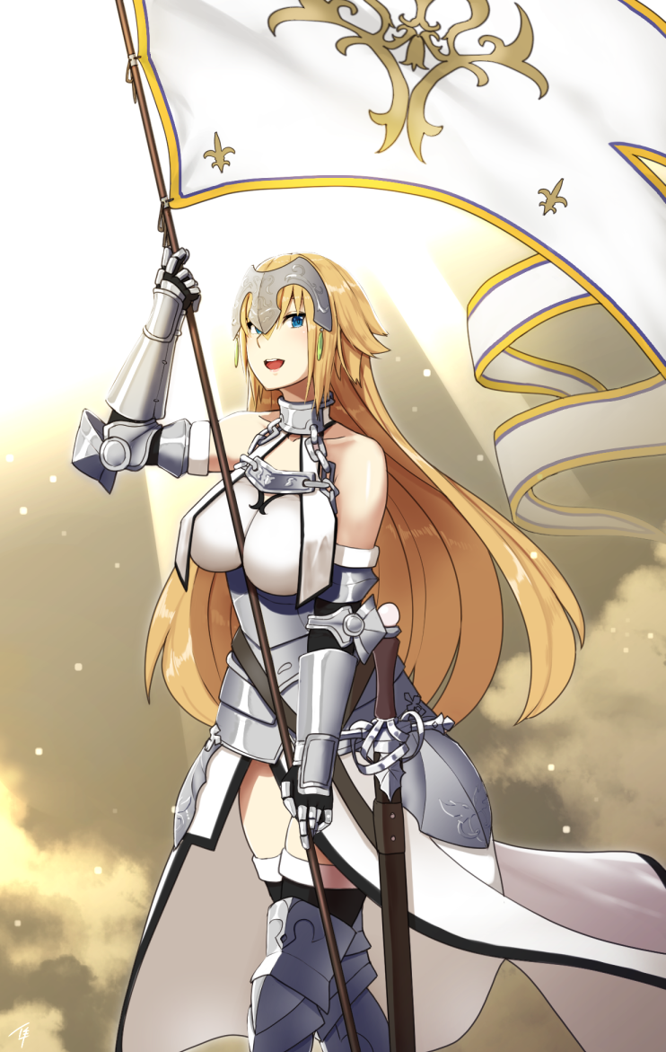 1girl :d armor armored_dress bangs bare_shoulders black_legwear blonde_hair blue_eyes blush breasts chains collarbone cowboy_shot fate/grand_order fate_(series) flag gauntlets greaves headpiece large_breasts light_particles long_hair looking_at_viewer open_mouth ruler_(fate/apocrypha) smile solo standing sunlight sword taka_(vert_320) thighhighs_under_boots very_long_hair weapon