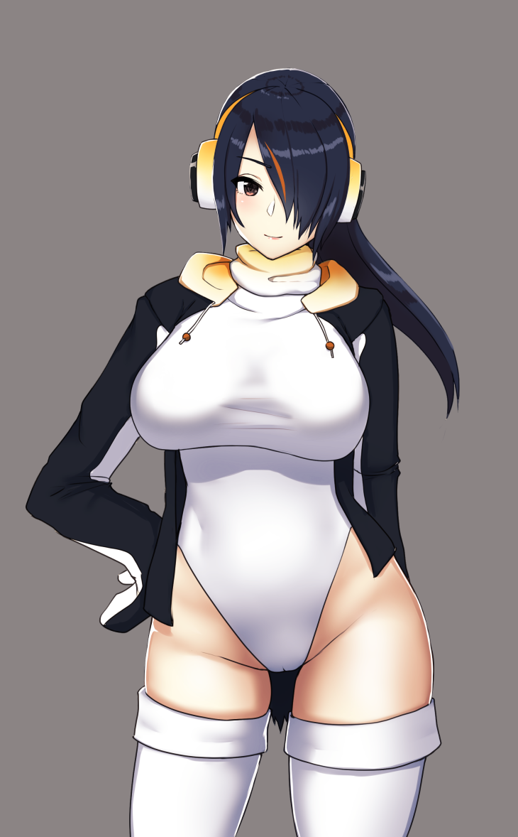 1girl black_hair blush breasts brown_eyes closed_mouth covered_navel cowboy_shot emperor_penguin_(kemono_friends) hair_over_one_eye hand_on_hip headphones hood hoodie kemono_friends large_breasts leotard long_hair looking_at_viewer multicolored_hair open_clothes open_hoodie orange_hair smile solo streaked_hair taka_(vert_320) thigh-highs white_legwear white_leotard