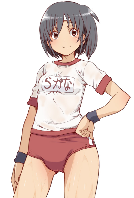 1girl bangs black_eyes black_hair closed_mouth cowboy_shot double_vertical_stripe gym_shirt gym_uniform hand_on_hip headband kantai_collection looking_at_viewer nagara_(kantai_collection) name_tag red_buruma shirt short_hair short_sleeves simple_background smile solo standing tabigarasu white_background white_shirt wristband