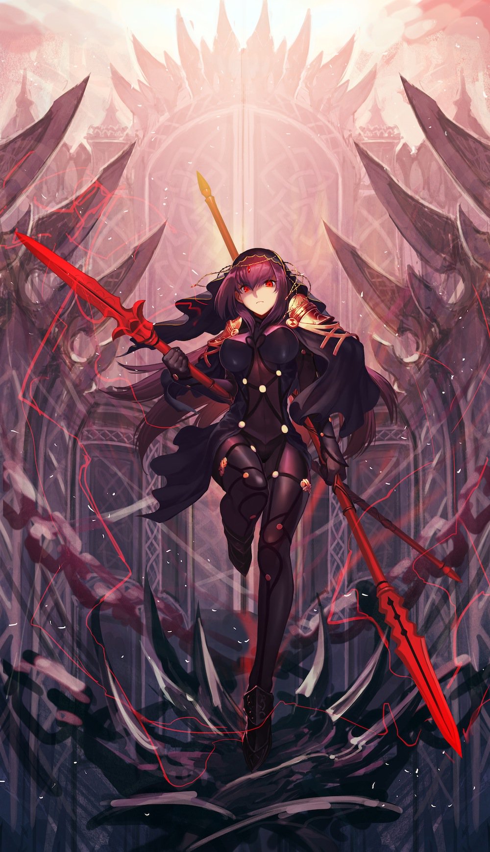 1girl armor bodysuit breasts covered_navel fate/grand_order fate_(series) gae_bolg gloves highres holding holding_weapon jewelry long_hair looking_at_viewer nkmr8 pauldrons polearm purple_bodysuit purple_hair red_eyes scathach_(fate/grand_order) serious shoulder_armor solo spear veil weapon