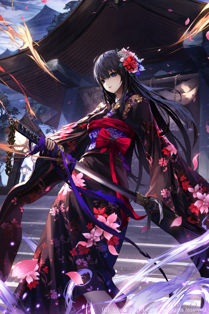 1girl age_of_ishtaria bangs black_hair blue_eyes bow closed_mouth clouds cloudy_sky cowboy_shot floral_print flower hair_between_eyes hair_flower hair_ornament hat holding holding_sword holding_weapon japanese_clothes katana kimono light_smile long_hair long_sleeves obi outdoors petals red_bow red_ribbon ribbon sash scabbard sheath sky sleeves_past_wrists solo stairs standing sword temple unsheathing very_long_hair wanke weapon wide_sleeves