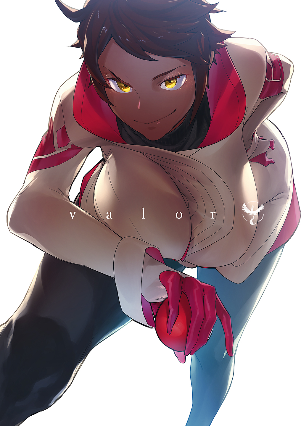 1girl breasts brown_hair candela_(pokemon) dark_skin gloves highres holding holding_poke_ball large_breasts leaning_forward looking_at_viewer pantyhose poke_ball pokemon pokemon_go ryokucha_(i_cobalt) shiny shiny_hair short_hair smile solo team_valor yellow_eyes