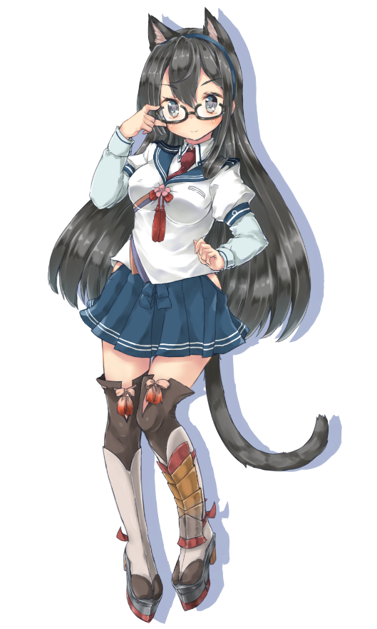 1girl animal_ears black_hair blue_eyes bow cat_ears glasses hair_between_eyes hair_ribbon hairband hand_on_glasses high_heels hip_vent kantai_collection long_hair long_sleeves onomiya ooyodo_(kantai_collection) platform_footwear platform_heels ribbon school_uniform semi-rimless_glasses serafuku simple_background solo tail thigh-highs tress_ribbon under-rim_glasses white_background zettai_ryouiki