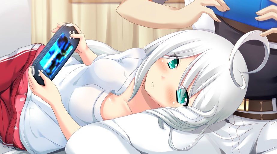 1boy 1girl ahoge aqua_eyes belt blush frown handheld_game_console head_out_of_frame hetero indoors lap_pillow long_hair looking_at_viewer lying neet on_side pants pillow pink_underwear playing_games protagonist_(x-overd) shirt solo_focus sweatpants t-shirt tinyl white_hair white_pants white_shirt x-overd yukeshi