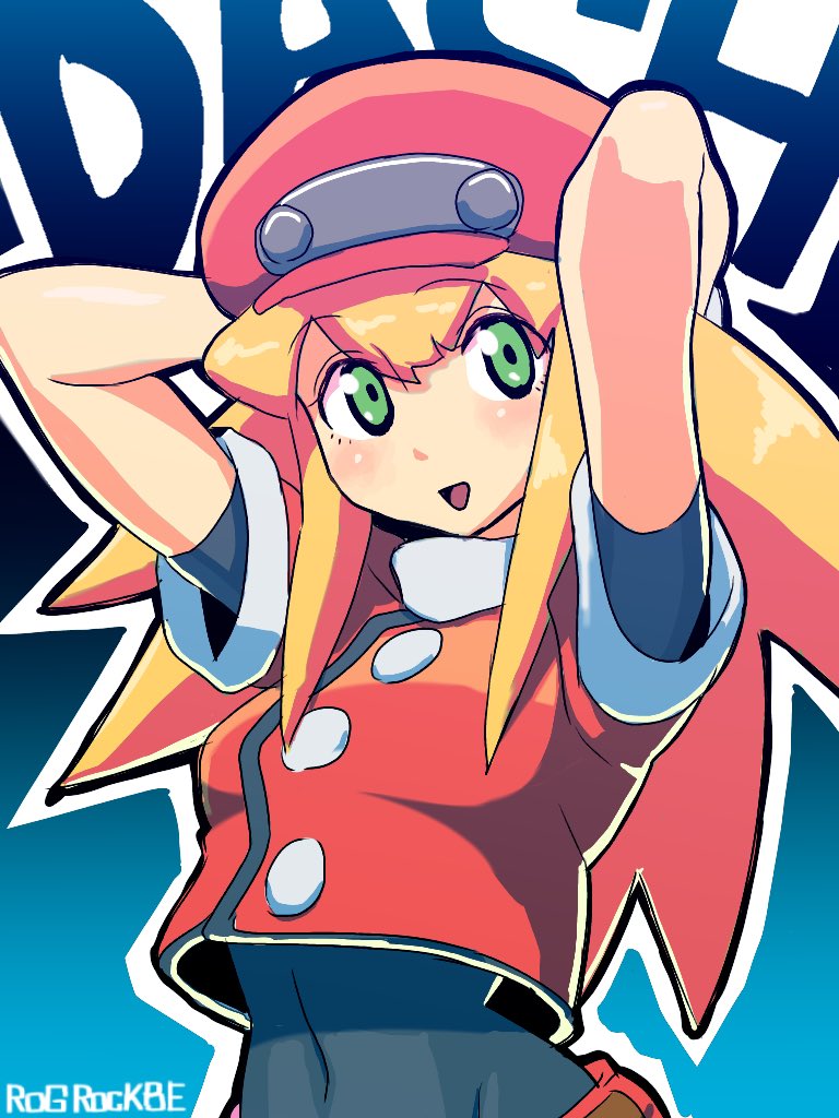 1girl blonde_hair bodysuit breasts covered_navel green_eyes hat long_hair open_mouth red_shorts rockman rockman_dash rog_rockbe roll_caskett shorts smile solo