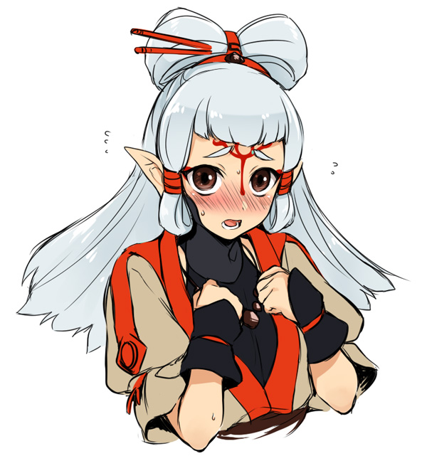 1girl bangs blush brown_eyes hair_ornament long_hair looking_at_viewer paya_(zelda) pointy_ears simple_background solo the_legend_of_zelda the_legend_of_zelda:_breath_of_the_wild utsugi_(skydream) white_hair