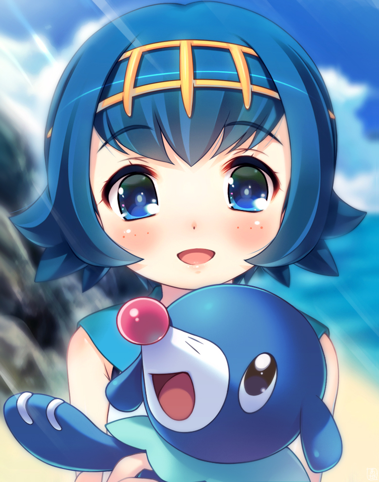 1girl akiba_hideki beach blue_eyes blue_hair blush eyebrows_visible_through_hair hairband looking_at_another ocean open_mouth pokemon pokemon_(creature) pokemon_(game) pokemon_sm popplio short_hair smile suiren_(pokemon) upper_body