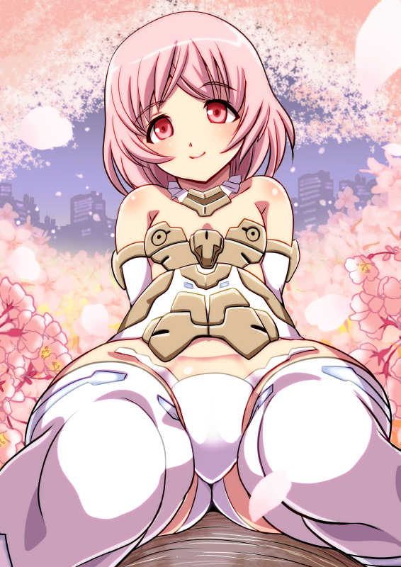 1girl arm_support arms_behind_back ass bare_shoulders cherry_blossoms foreshortening frame_arms_girl in_tree knees_together_feet_apart leaning_back legs materia_(frame_arms_girl) oborogumo_takamitsu outdoors panties petals pink_eyes pink_hair short_hair sitting smile solo thigh-highs tree underwear white_legwear white_panties